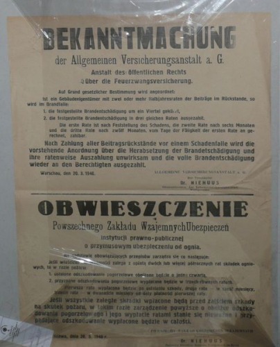 Obwieszczenie dot. ubezpieczeń,Warszawa 1940
